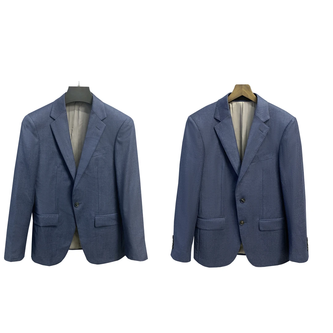 鸟【山羊绒+桑蚕丝+绵羊毛】灰蓝平驳领单2扣单叉活袖单西XZ049