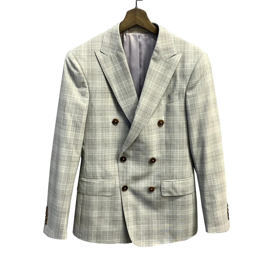 鸟【双排扣】浅灰色亲王格戗驳领四季薄款休闲时尚西服单西XZ063