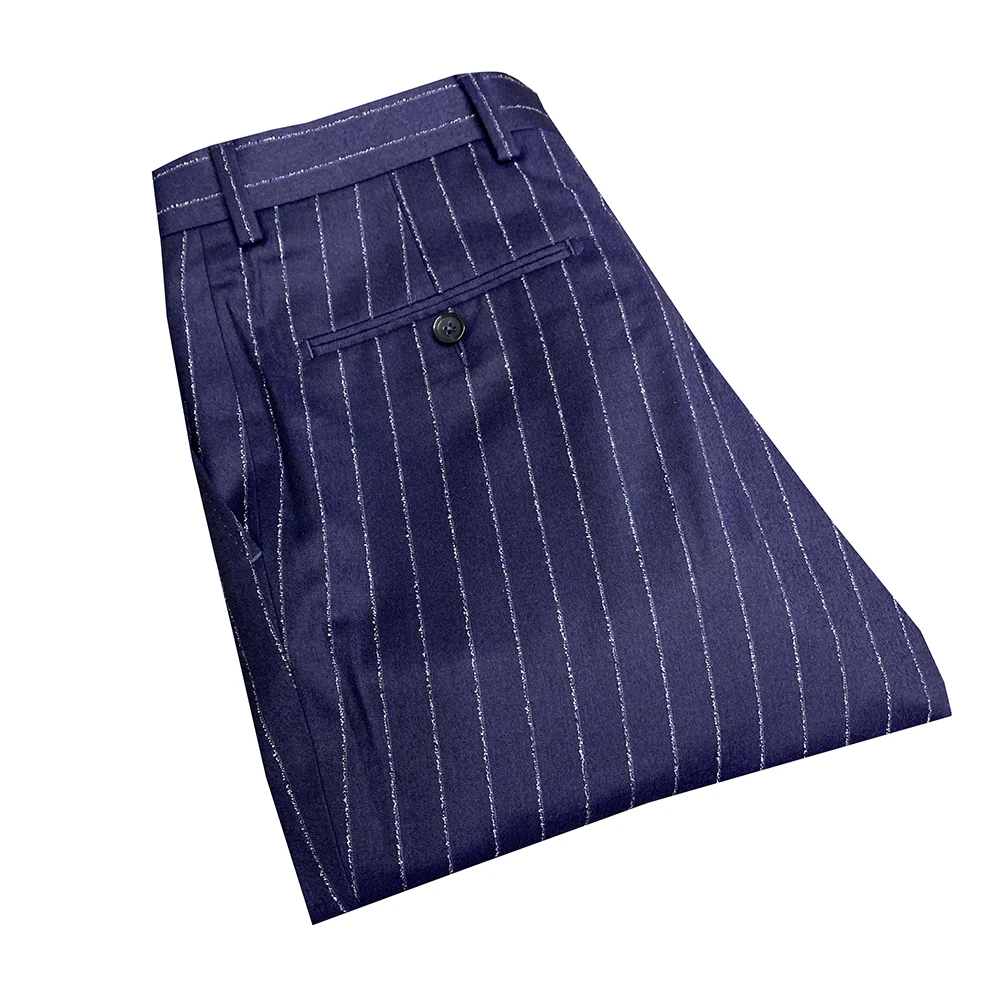 鸟【绵羊毛+桑蚕丝】藏青色竖条四季款男士百搭直筒西裤XK193