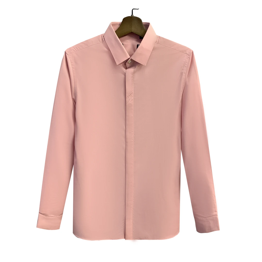 鸟【水晶明扣】樱花粉衬衣暗门襟百搭男士春夏长袖弹力衬衫CS002