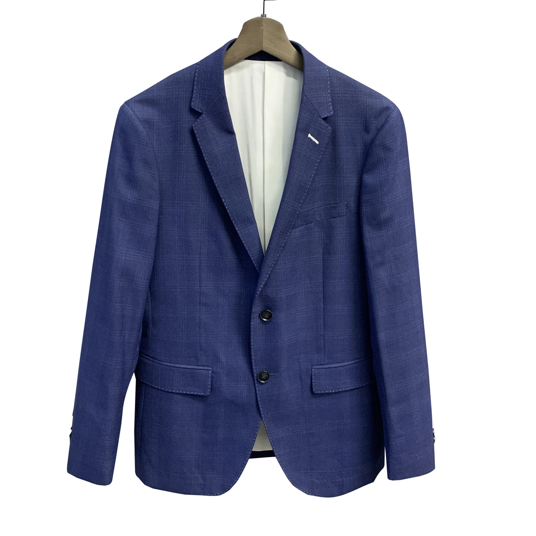 堡家【羊毛+桑蚕丝】蓝色针织单西平驳领单排扣双开叉西装68031B