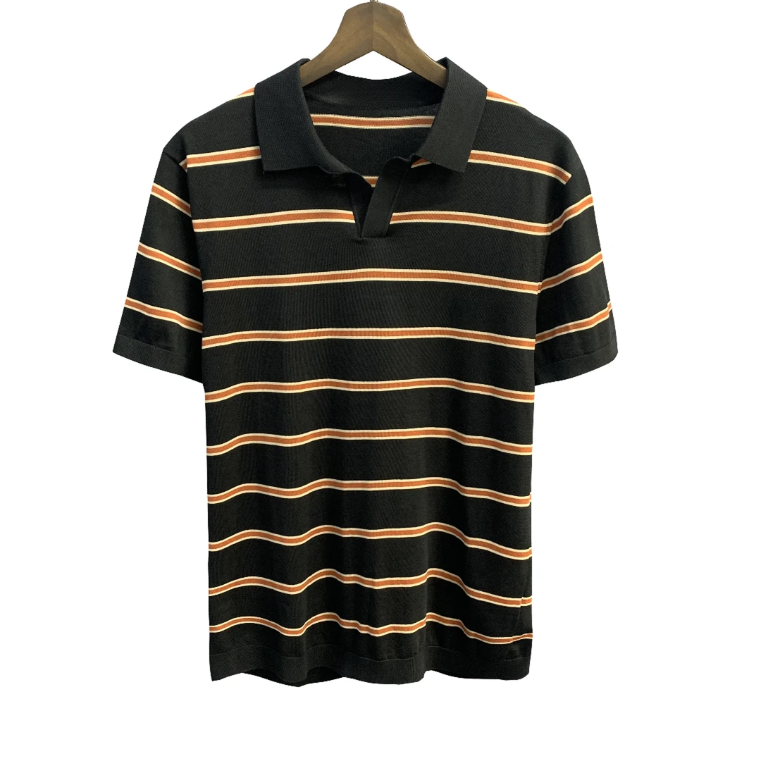 鸟【超细伊力特丝】黑色条纹短袖Polo百搭弹力夏季透气翻领PS001