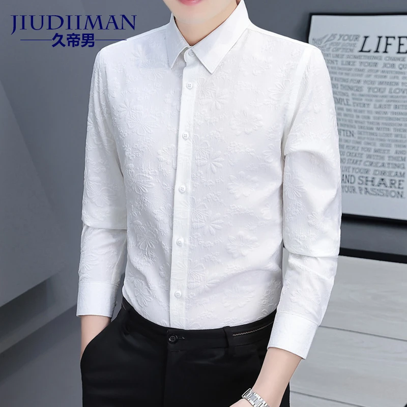 立体雕花白衬衫男士长袖休闲衬衣潮流帅气修身免烫寸衫雅痞帅男装