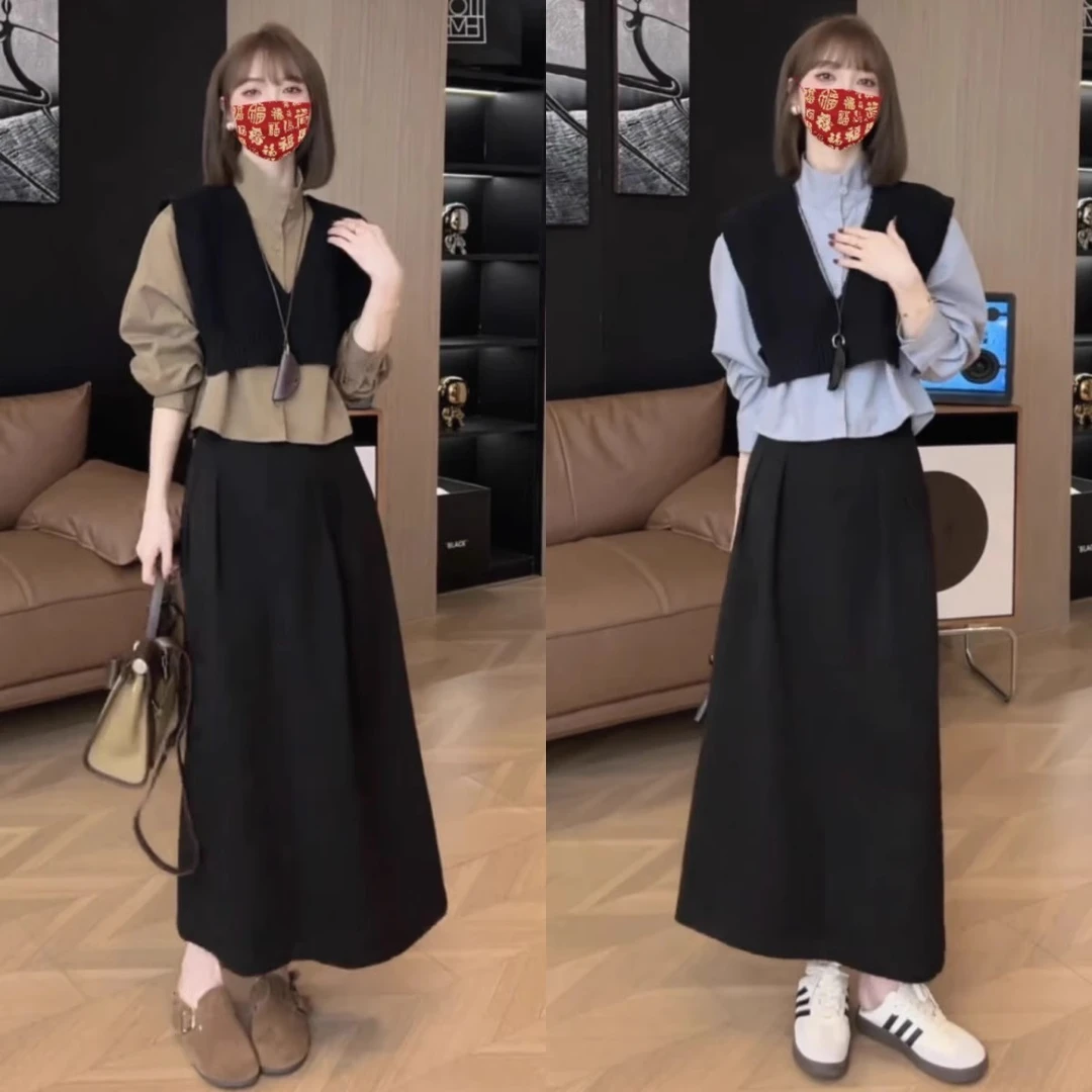 2025春季新款时尚复古叠穿V领针织马甲条纹长袖衬衫两件套装女ins