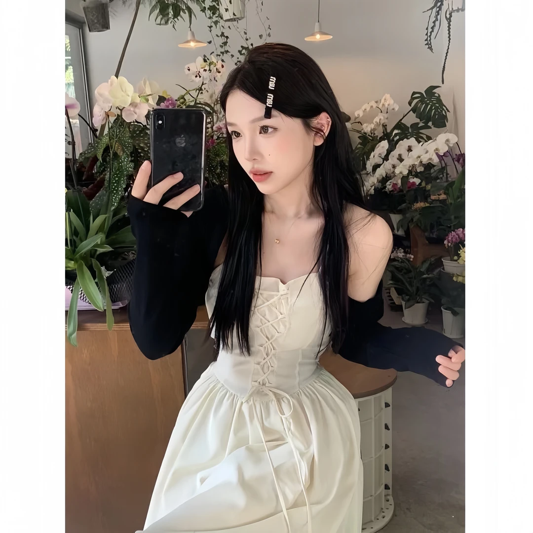 温柔甜妹 气质法式春夏绑带收腰吊带连衣裙 披肩防嗮两件套