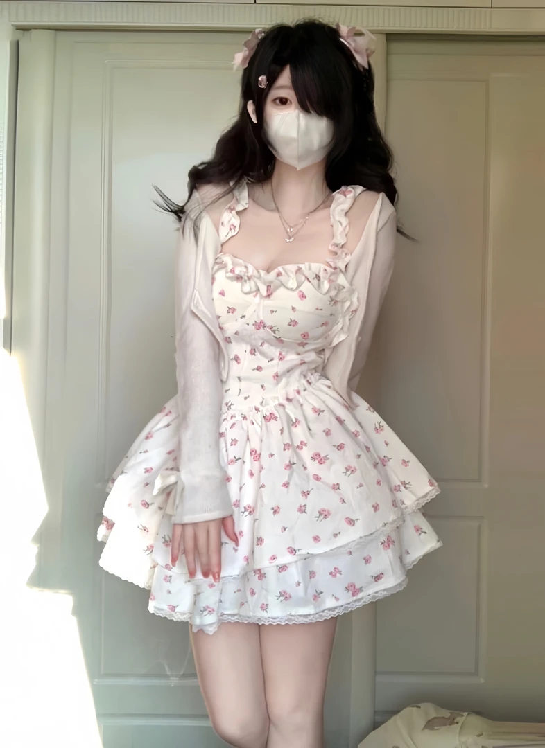 巴洛克幻想 法式乖碎花吊带连衣裙春夏收腰奶甜裙子