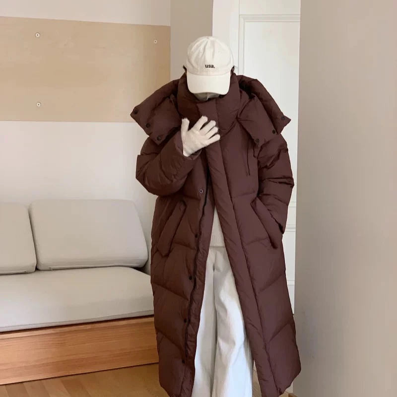 长款绒过膝盖加厚爆款外套时尚休闲连帽保暖秋冬冬季百搭收腰