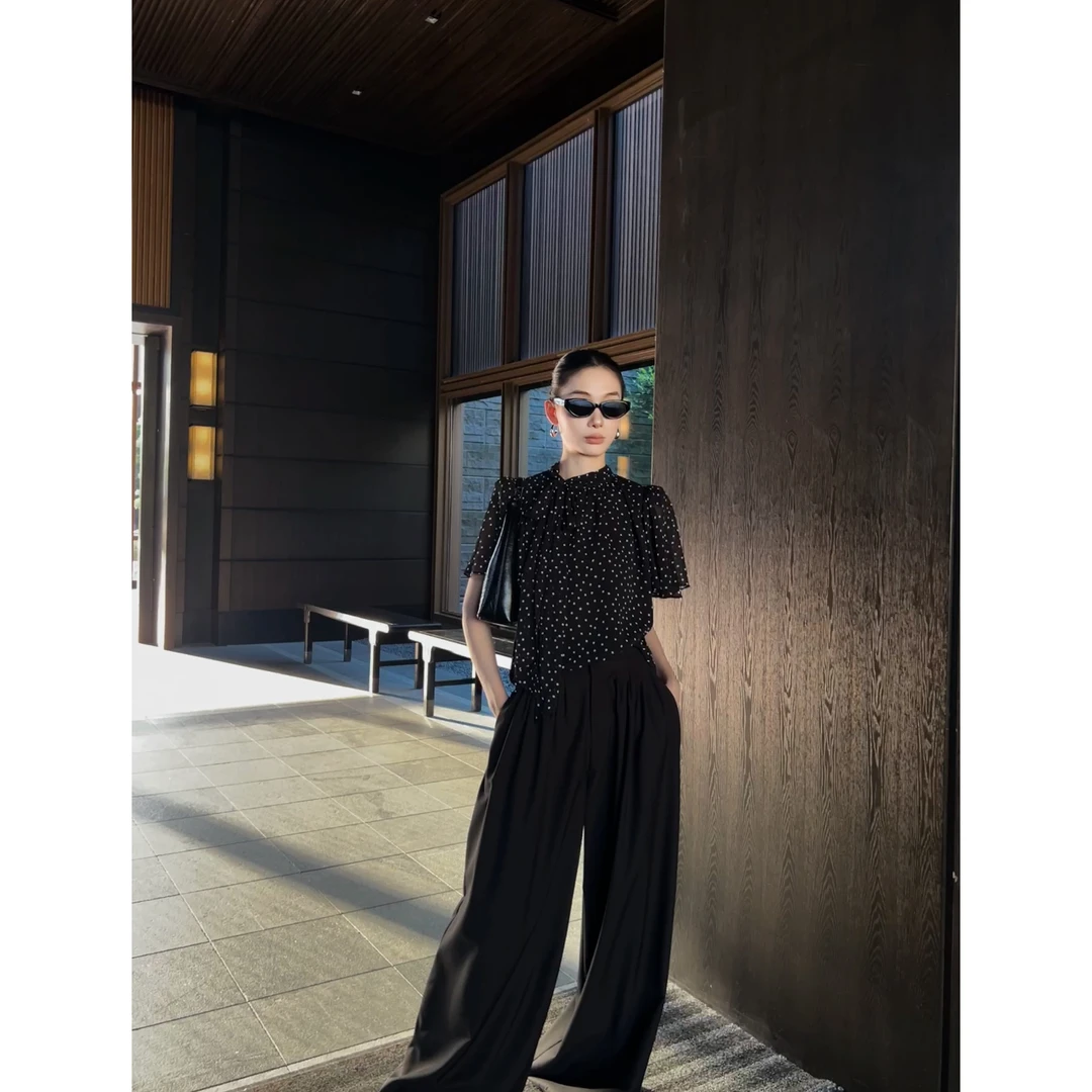 FIINAL《旧纽约》法式气质设计感飘带波点短袖衬衫