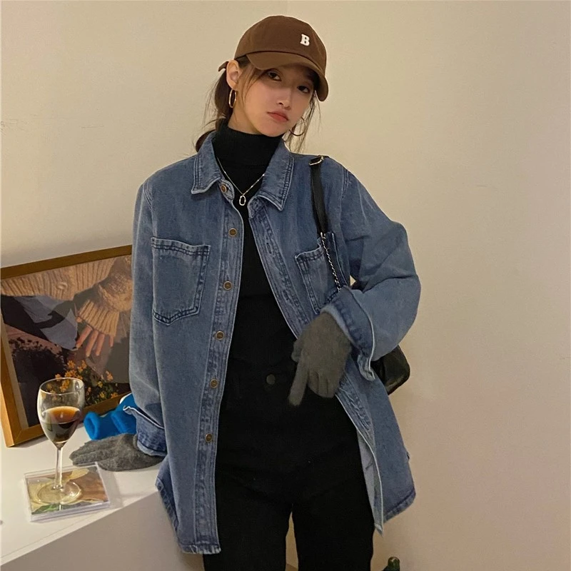 2024新款春季港风复古小众上衣蓝色内搭叠穿衬衫百搭牛仔外套842