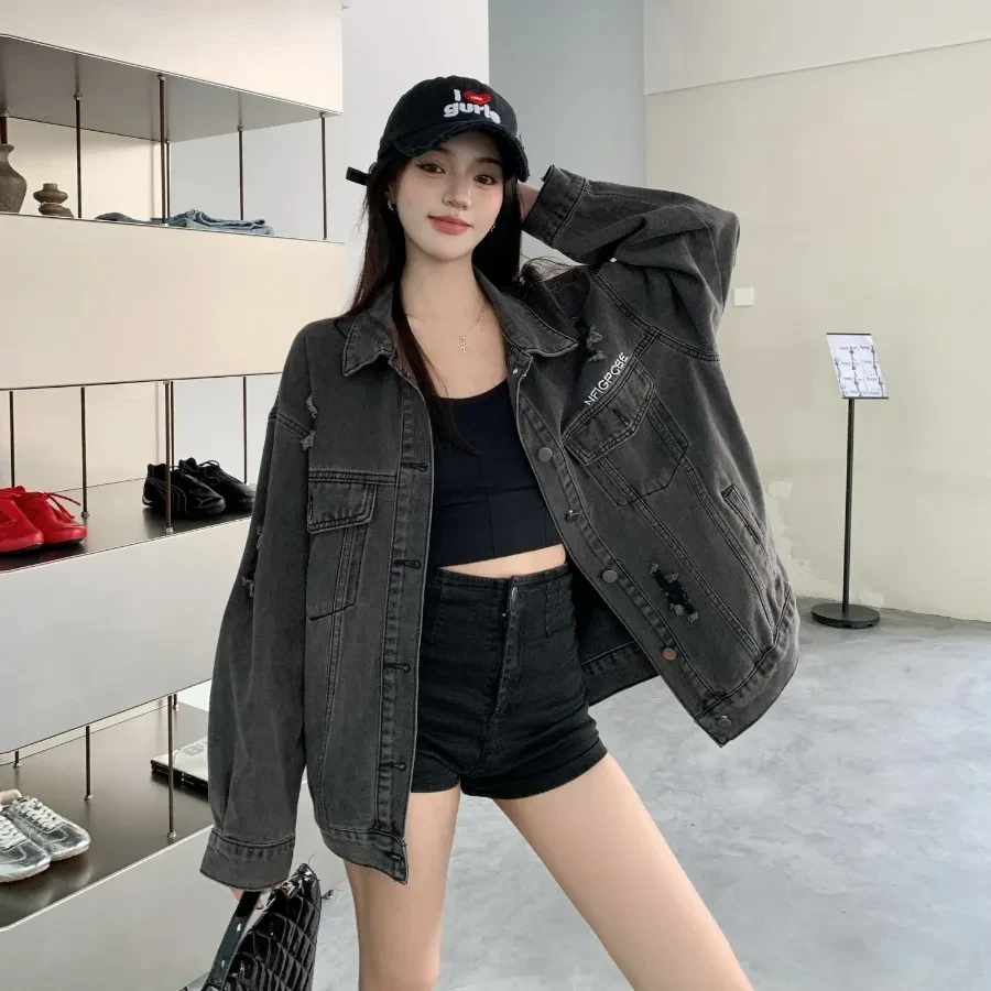 【浠儿姐姐专属】潮流新款美式破洞做旧牛仔外套女绣花水洗夹克9922