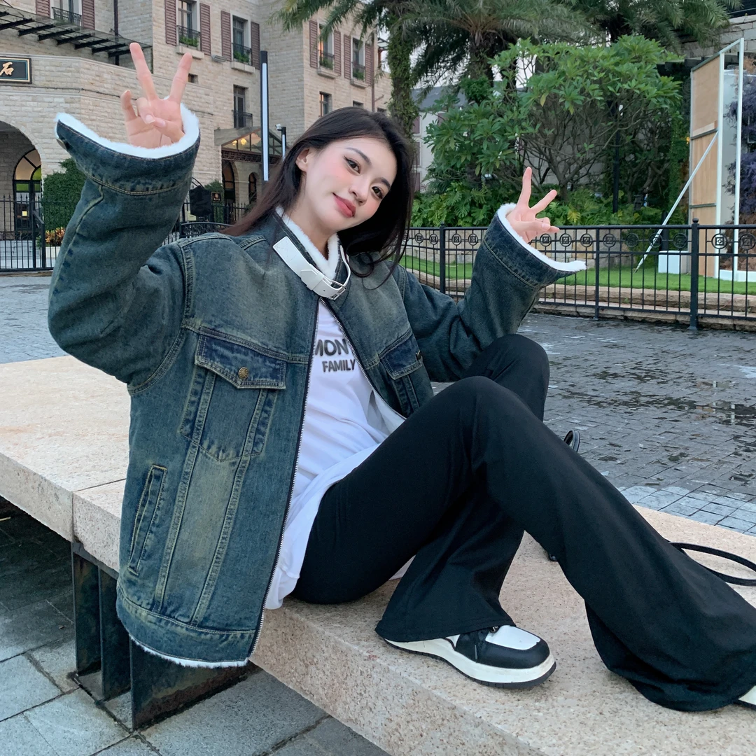 【浠儿姐姐专属】加绒加厚新款港风时尚宽松设计感保暖牛仔棉服773