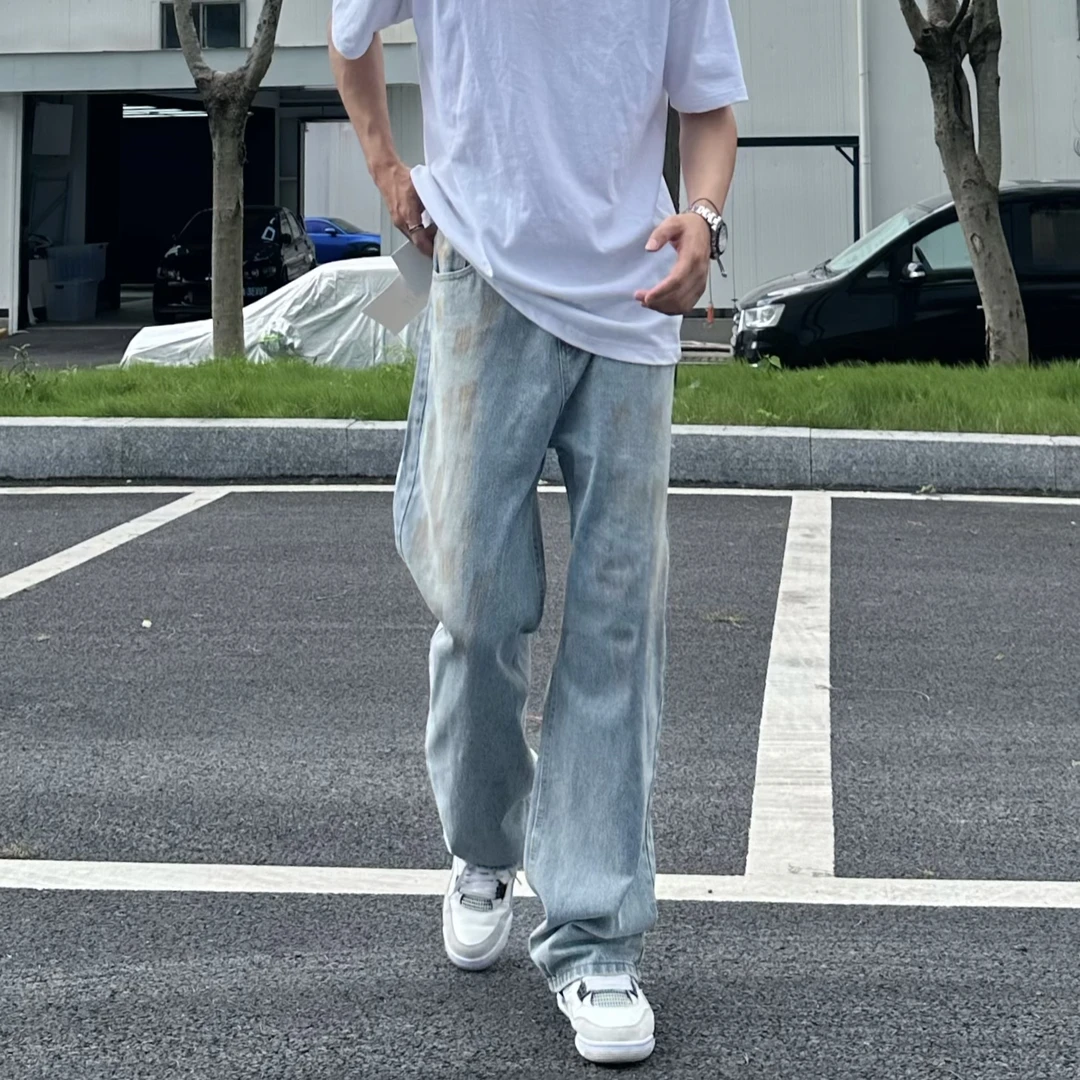 夏季水洗做旧做脏直筒宽松阔腿牛仔裤男美式高街潮牌休闲裤长裤