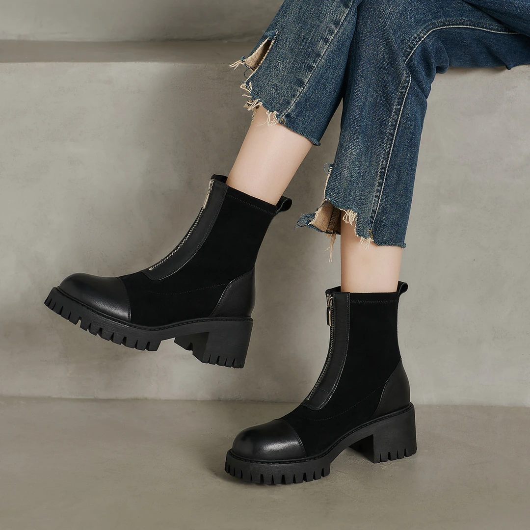 2024秋冬新款气质百搭英伦风黑圆头马丁靴44414