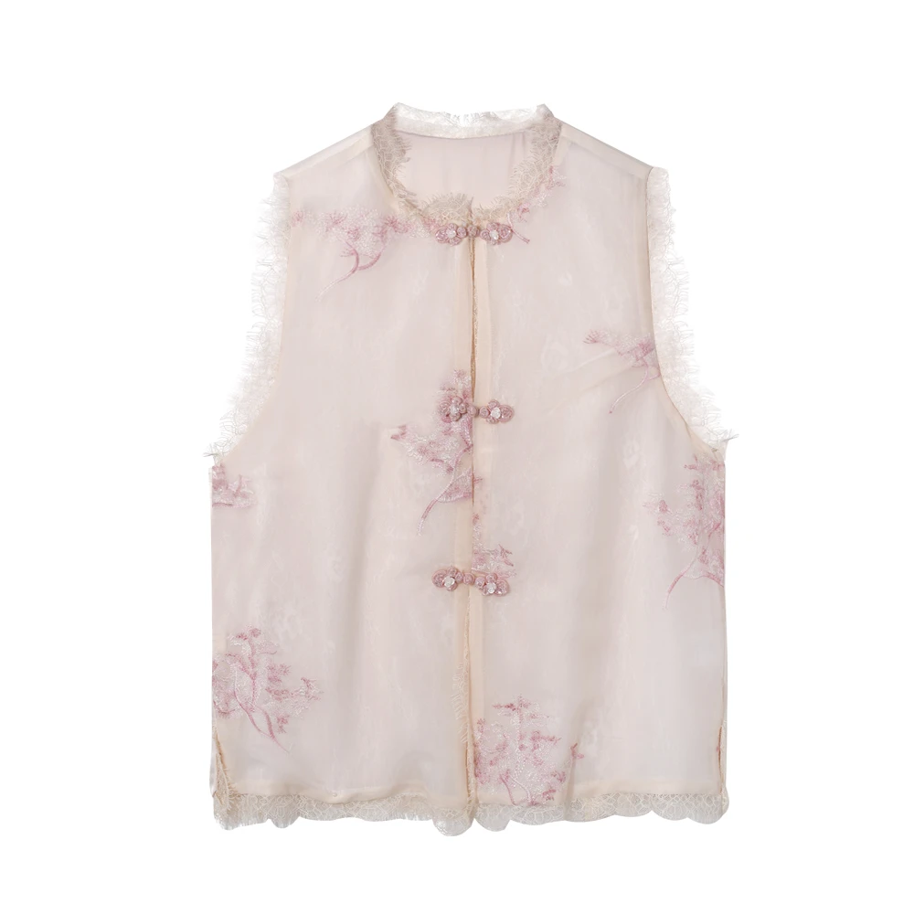 A F8810：国风白色提花百搭时尚复古蕾丝边无袖中国风马甲外套