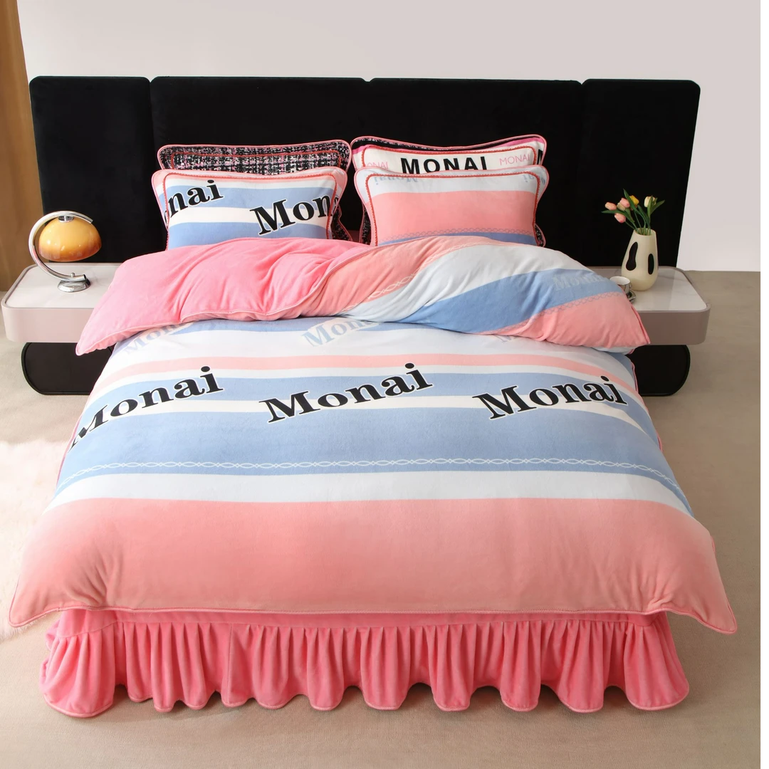 【莫奈】秋冬床裙款加绒加厚双面牛奶绒四件套床上用品枕套随机裁剪