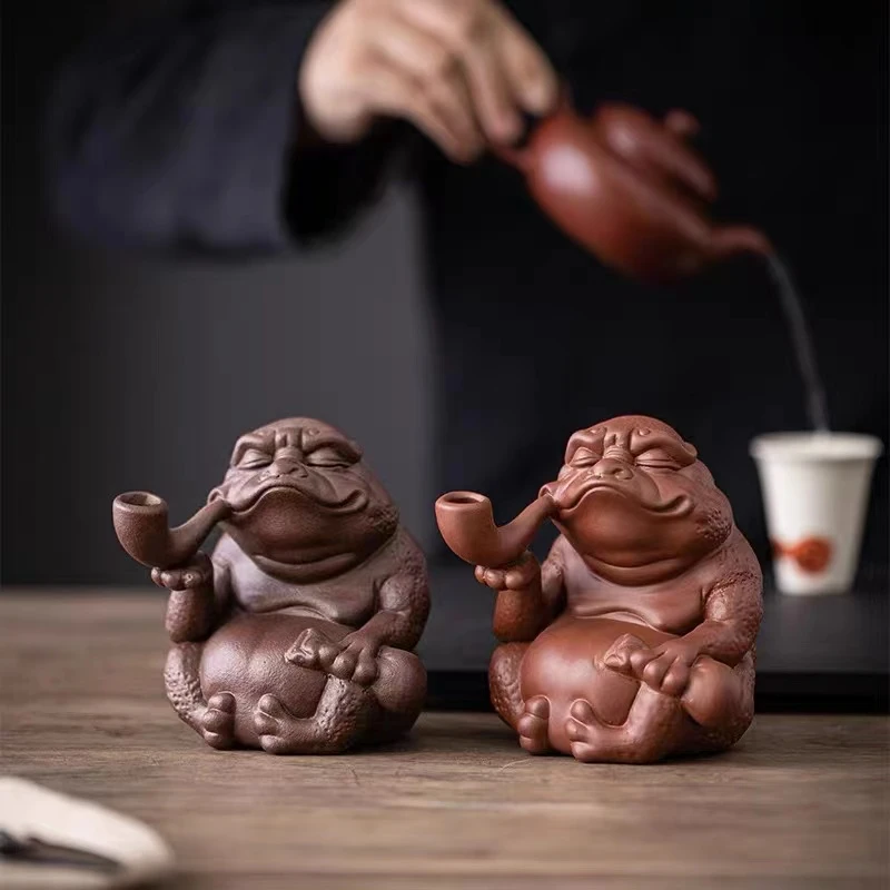 匠器紫砂陶瓷金蟾复古树桩烟斗摆件个性蟾蜍创意茶室茶玩可爱家用