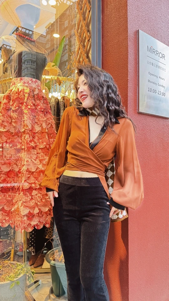 MIRROR （涛姐精选）琥珀橙拼色两穿桑蚕丝衬衫