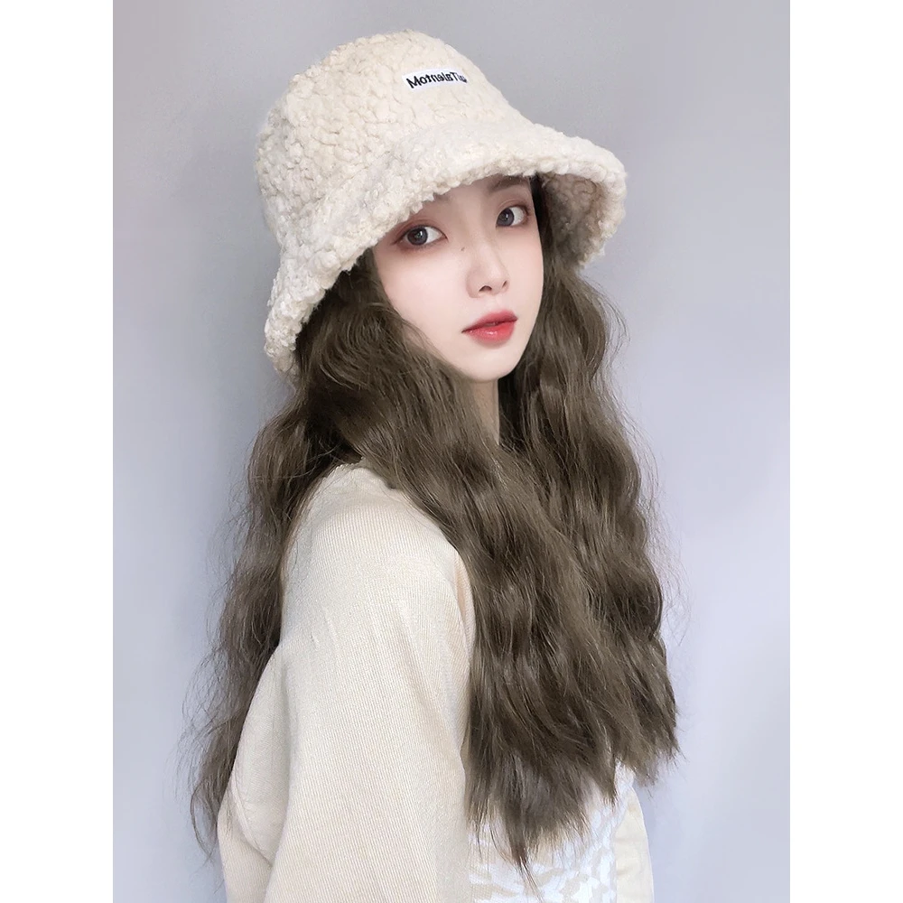 网红帽子假发一体时尚秋冬盆帽羊羔毛渔夫帽水波纹韩版百搭假发帽