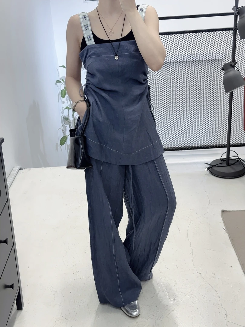 小众设计师品牌100%麻吊带套装时尚休闲