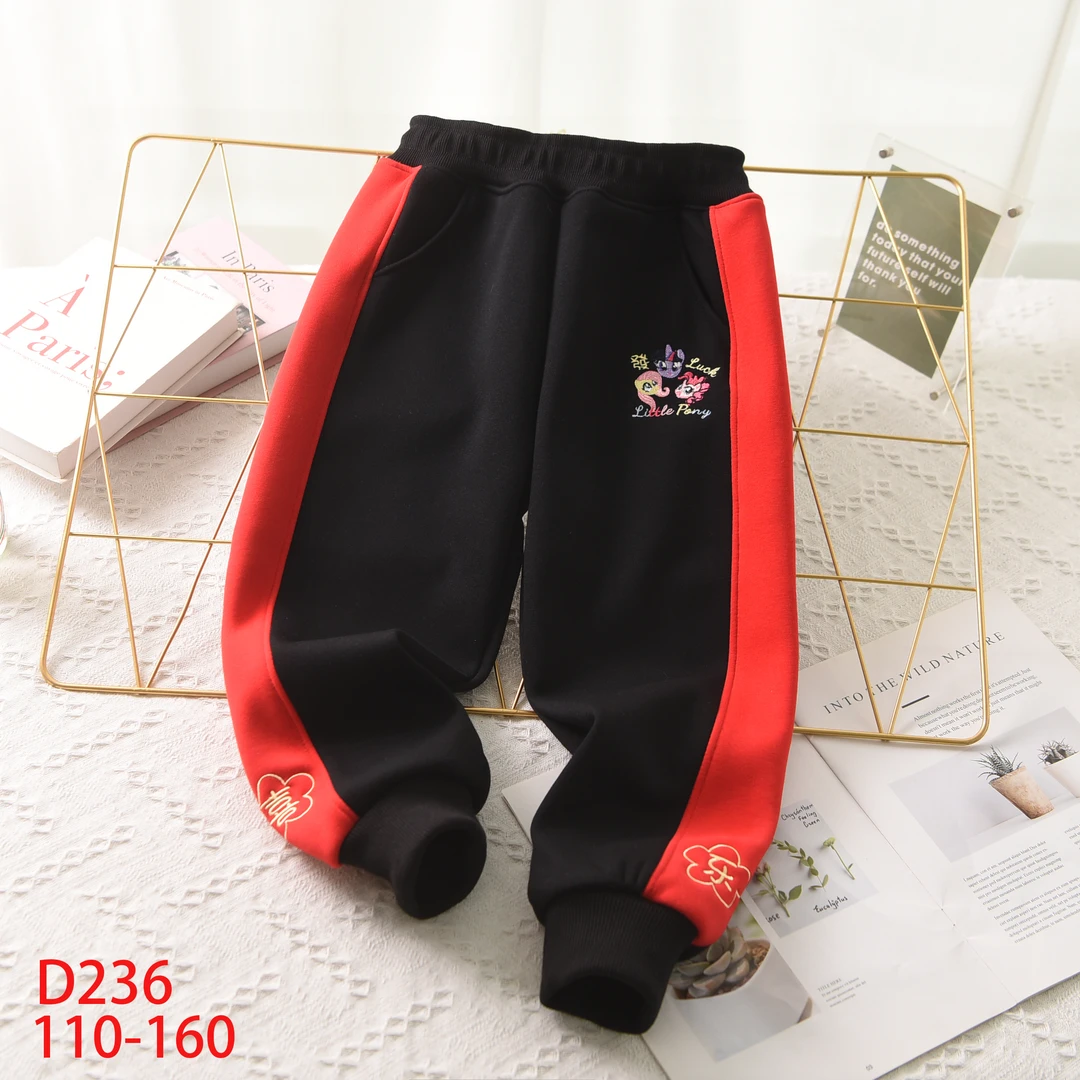女童加绒卫裤 冬季儿童拼色刺绣中大童喜乐新年裤D236