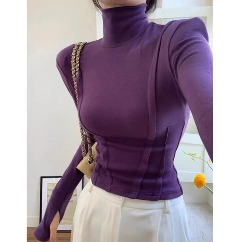 高领加绒鱼骨打底衫洋气紧身垫肩修身纯欲内搭上衣显瘦秋冬时尚