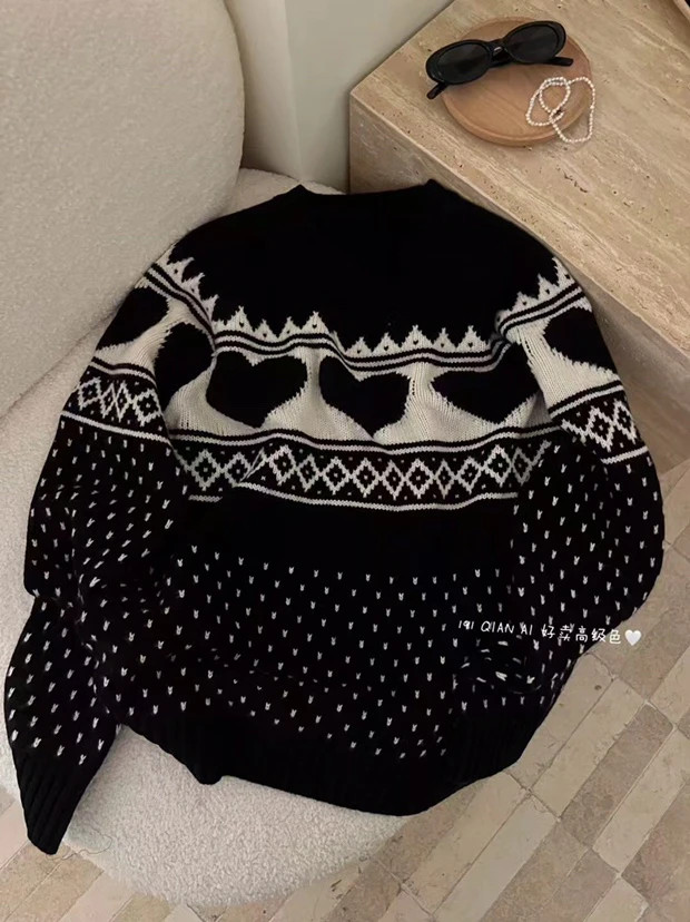 几何爱心提花设计感针织衫女宽松套头毛衣