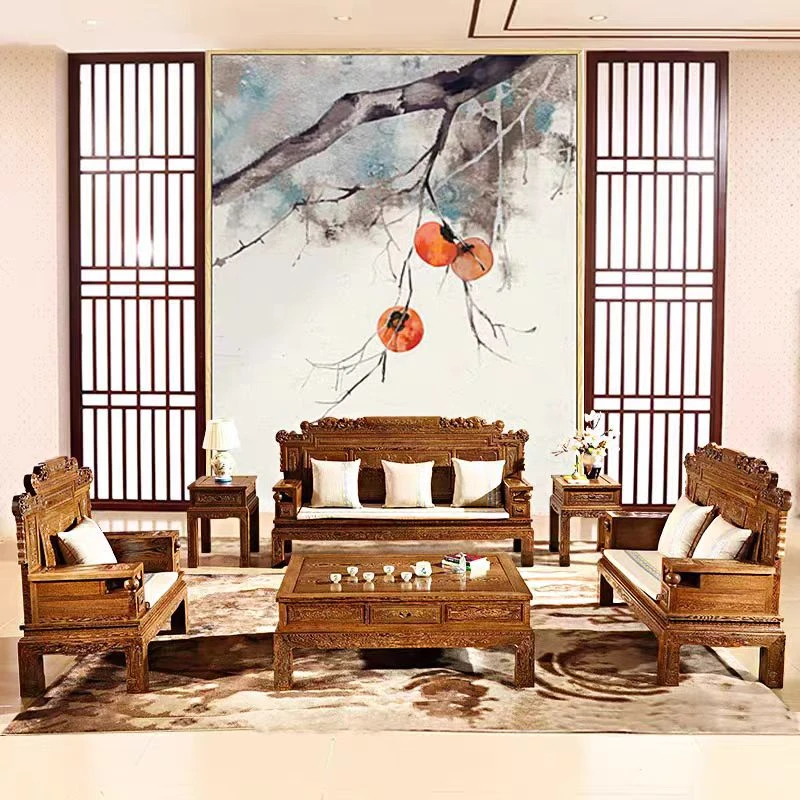 【品木轩】财源手工沙发复古雕花古典别墅家用办公木质宫廷原木色