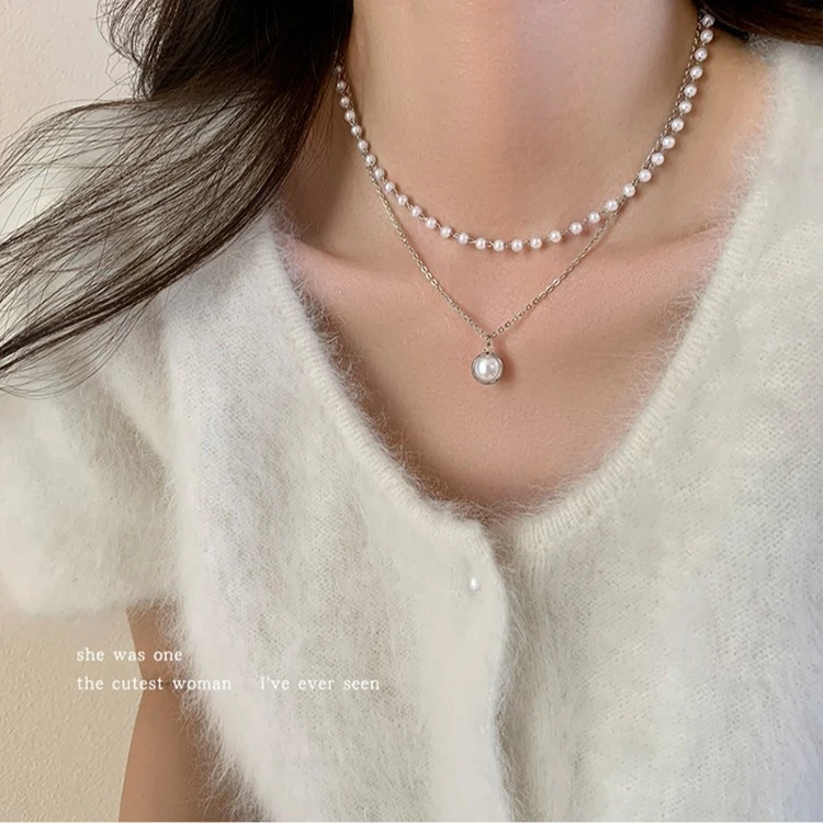 合金项链 2024年气质链子双层叠戴珠珠时尚轻奢网红款小众项链女