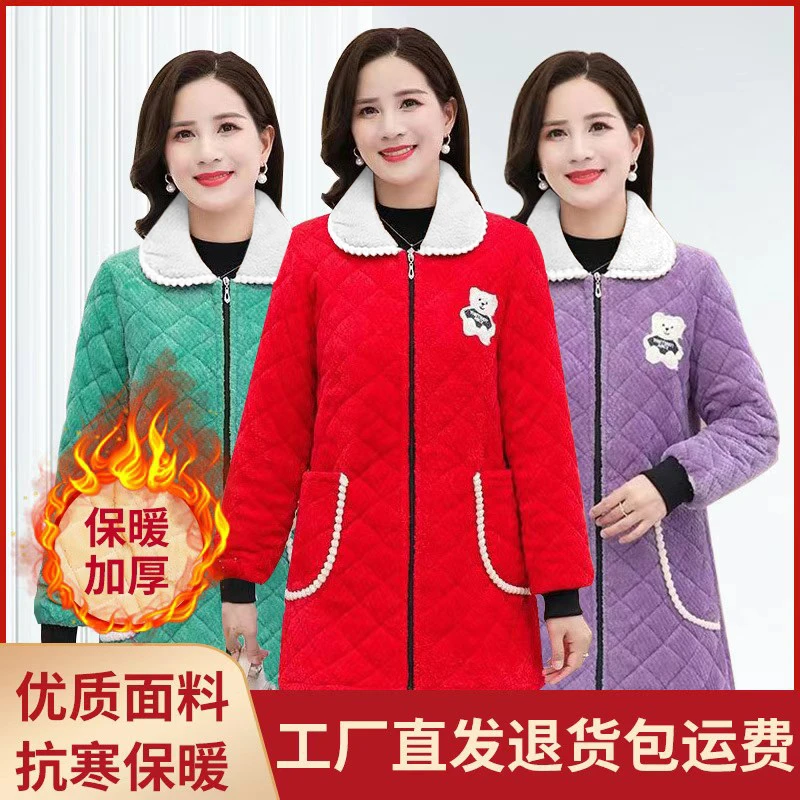 冬季妈妈装加绒加厚棉服罩衣女士外穿保暖耐脏棉衣新款居家棉袄