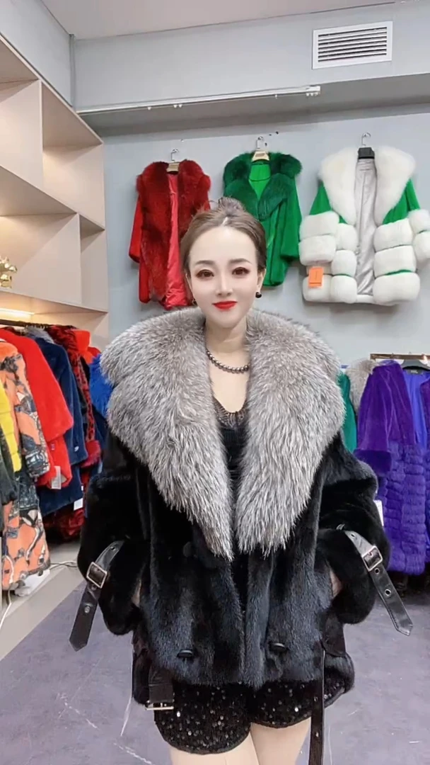 进口紫标天鹅绒貂皮大衣水貂皮草外套女整貂狐狸毛领时尚廓形休闲