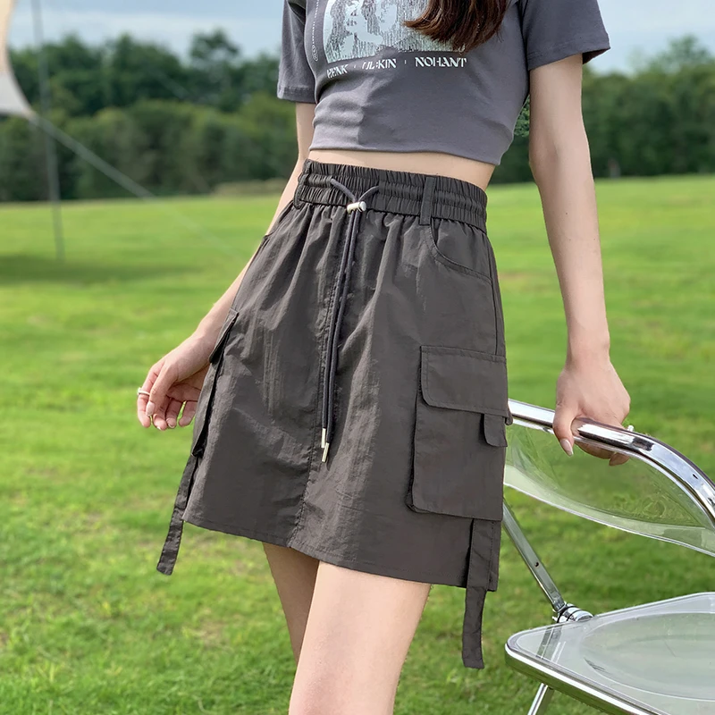 夏季新款纯欲风辣妹a字裙短裙女高腰韩版宽松显瘦速干工装半身裙