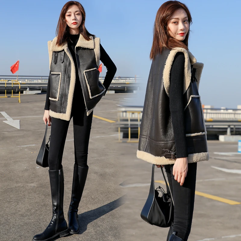 皮毛一体羊羔毛马甲女2022秋冬新款翻领拼接机车马夹背心外套