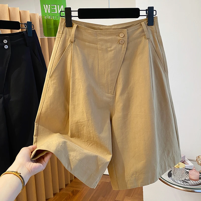 高级感卡其色工装中裤短裤女2024新款高腰a字直筒五分裤薄款裤子