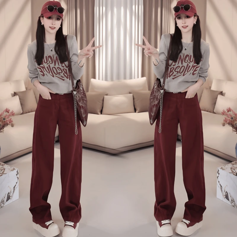 时尚套装女秋季新款短款灰色针织衫毛衣打底衫红色直筒裤两件套