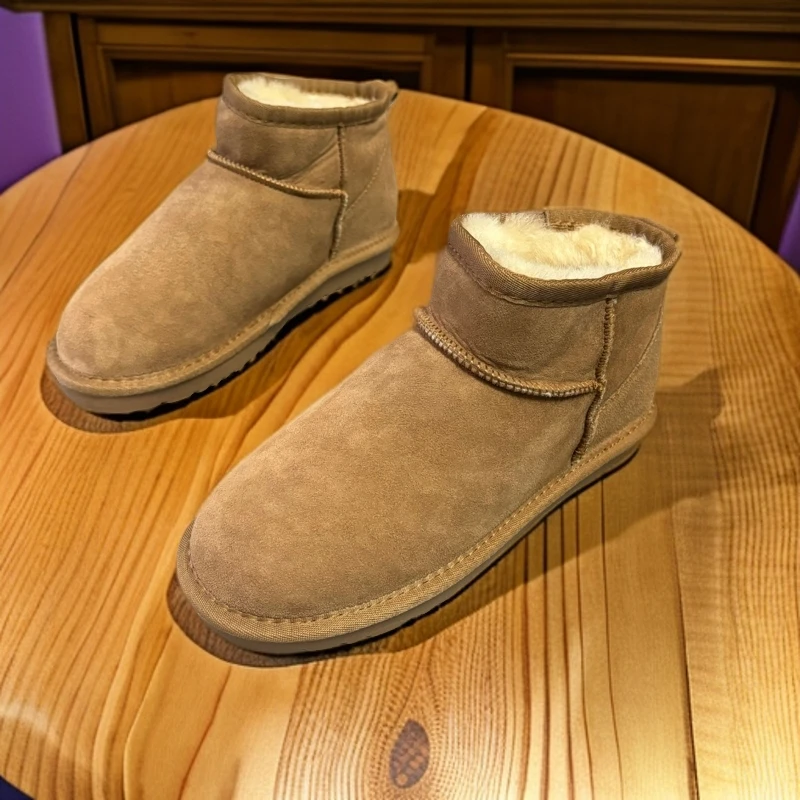 ZY家实体羊皮毛一体雪地靴简约款羊皮羊毛防滑栗色保暖棉靴