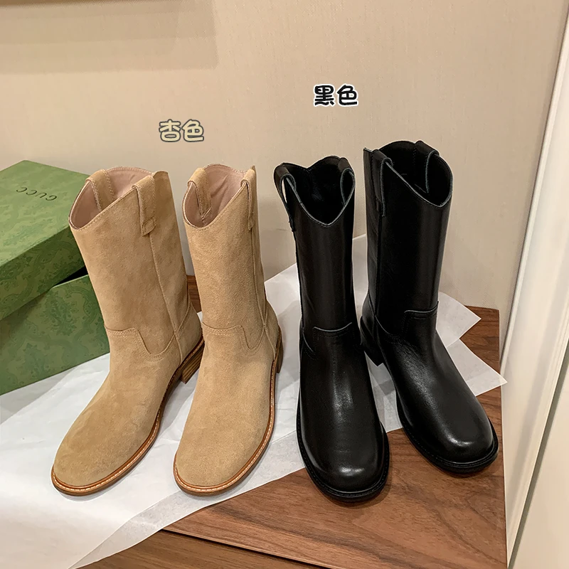 PENGXIAXI2023新款马丁靴女真皮圆头中筒低跟短靴显瘦小个子短靴