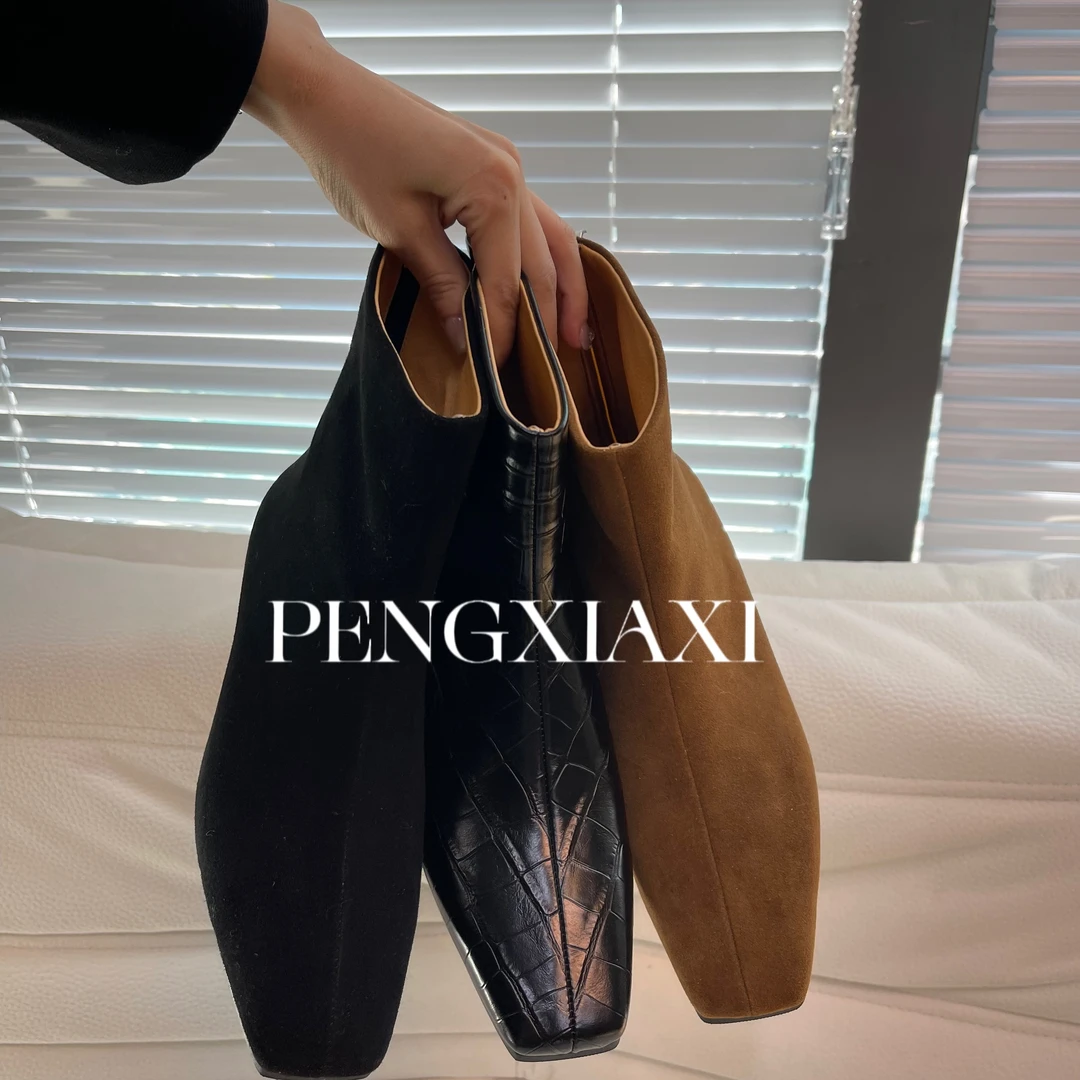 PENGXIAXI短靴女方头单靴高级黑女靴低跟舒适瘦瘦靴裸靴简约风