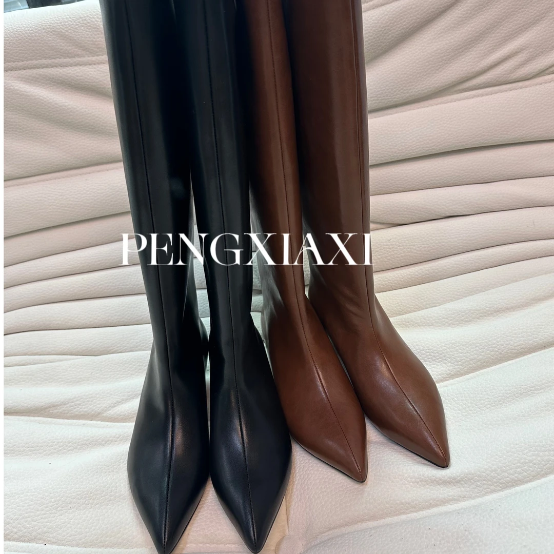 PENGXIAXI北欧小众宽筒尖头低跟高筒靴瘦瘦靴脚踝靴时尚极简风