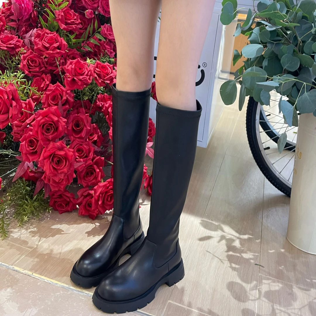 PENGXIAXI显瘦大长腿真皮骑士靴后拉链百搭不过膝弹力靴