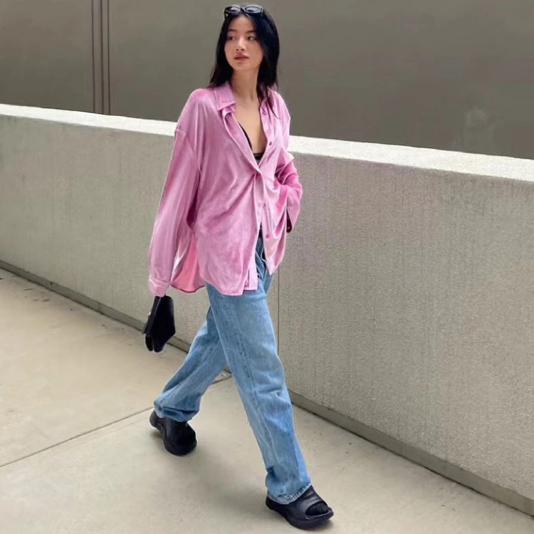 CORA&WYNN粉色丝绒衬衫微弹宽松直筒袖型显白高级质感丝绒