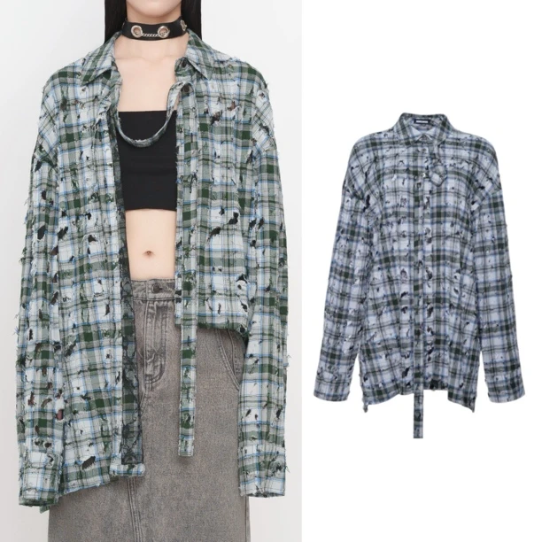 格纹蕾丝拼接半透oversize时装衬衣senseaweek设计师长袖百搭