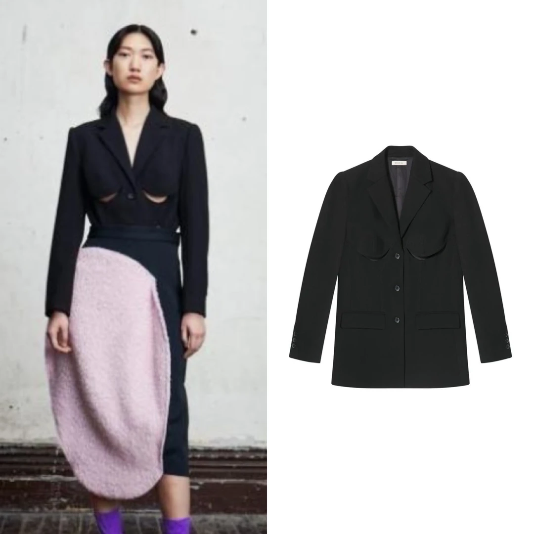 斜纹肌理镂空设计感黑色西装外套ATLEO