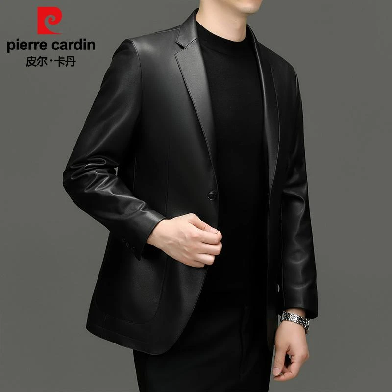 皮尔卡丹皮衣男真皮秋冬季新款绵羊皮西装外套休闲西服海宁皮夹克