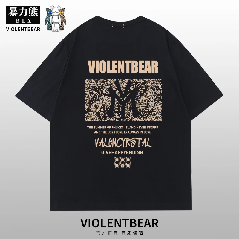 暴力熊2024夏季短袖t恤纯棉金色腰果花小熊玩偶宽松重磅半袖
