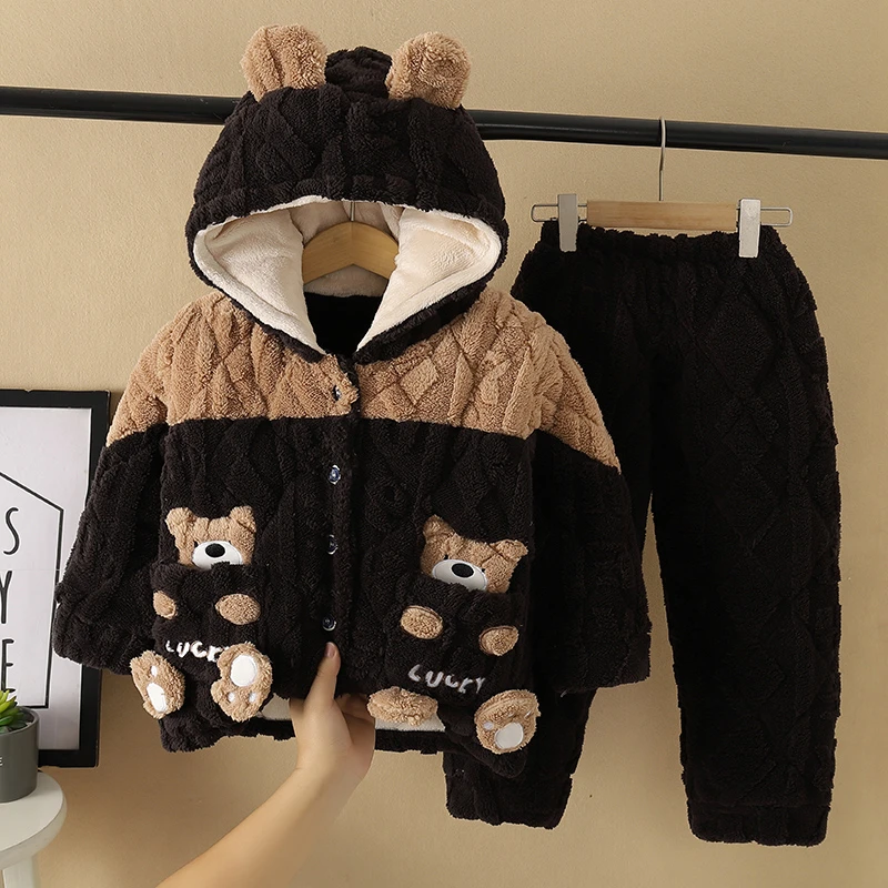 儿童冬季三层夹棉加厚珊瑚绒睡衣男童法兰绒女童宝宝家居服套装