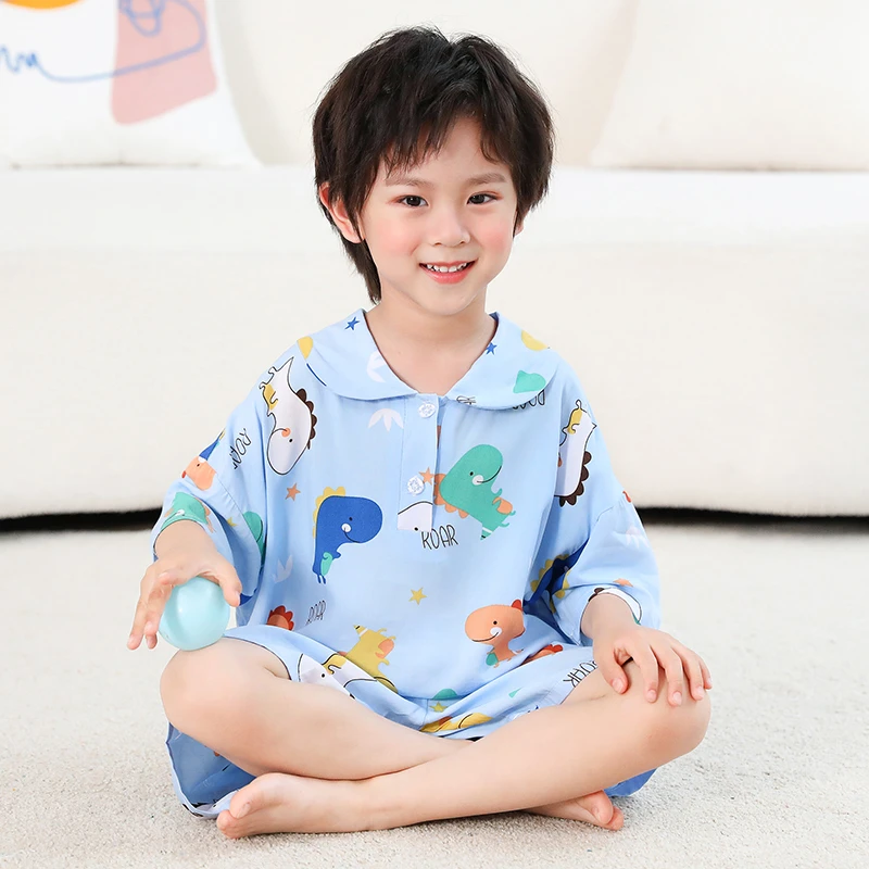 夏天儿童棉绸睡衣短袖薄款女童宝宝绵绸套装女孩男孩家居服空调服