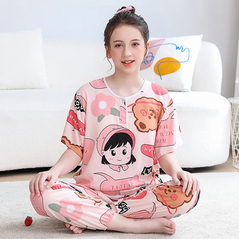儿童棉绸睡衣夏季短袖长裤青少年女大童绵绸女孩空调家居服套装