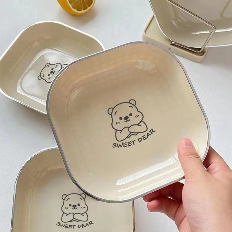 方形奶油小熊碟家用小盘子小碟子吐骨碟10个装小菜碟塑料水果盘