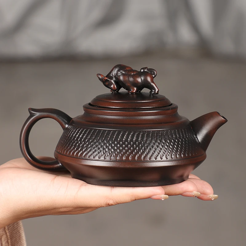 建水紫陶壶手工跳刀扭转乾坤石瓢壶新中式家用泡茶壶原矿紫陶茶具