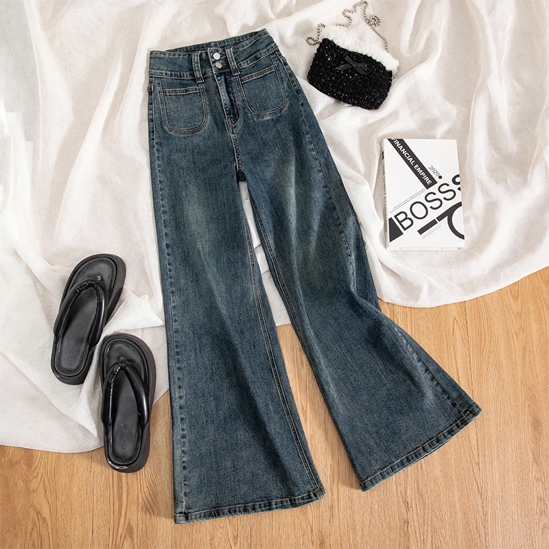 高腰宽松阔腿喇叭牛仔裤女2025春季薄款显瘦小个子九分长裤拖地裤